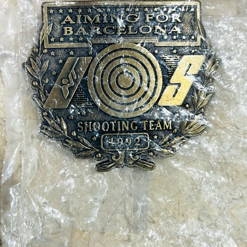 1992 Olympics Aiming For Barcelona Shooting Team Brass Belt Buckle